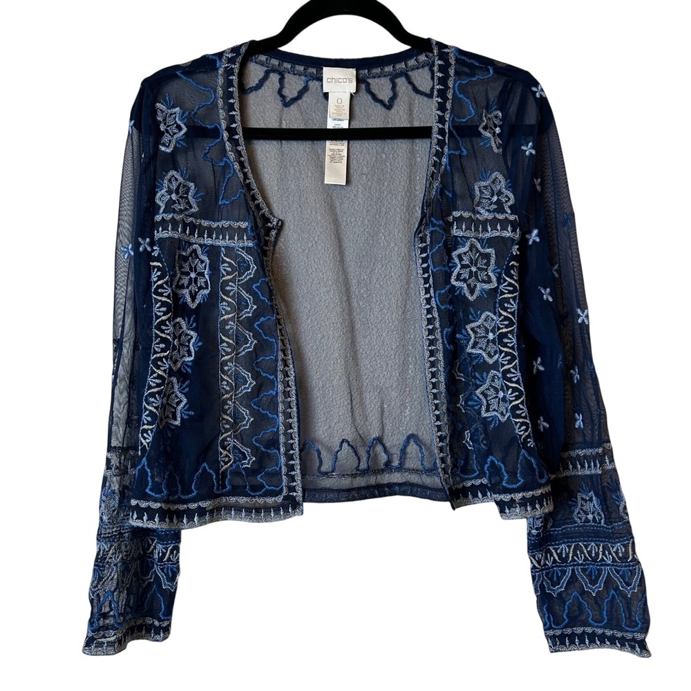 Sheer Mesh Embroidered Crop Jacket Navy Blue Silver Stars S 4 Whimsigoth Boho
